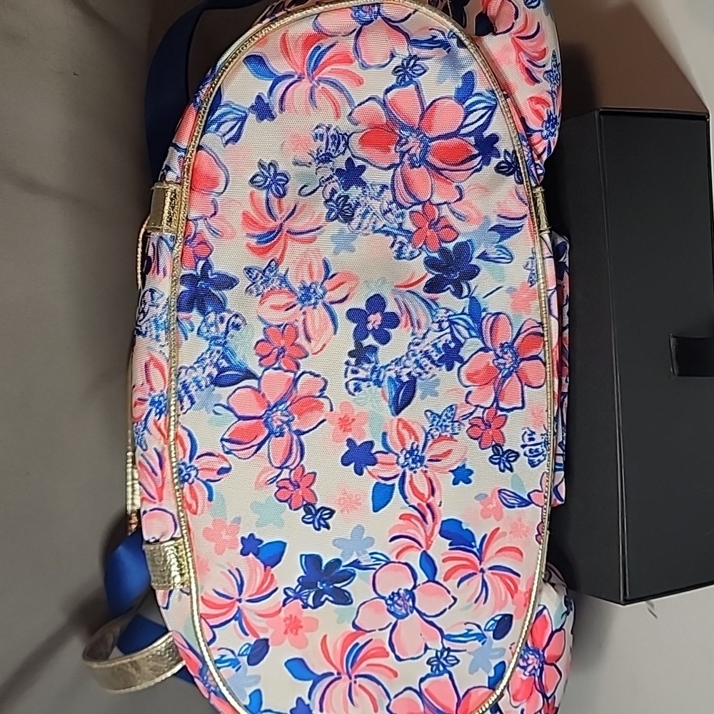 Lilly Pulitzer Pink and Blue Floral Bag with Gold Straps- NWOT - Picture 4 of 11